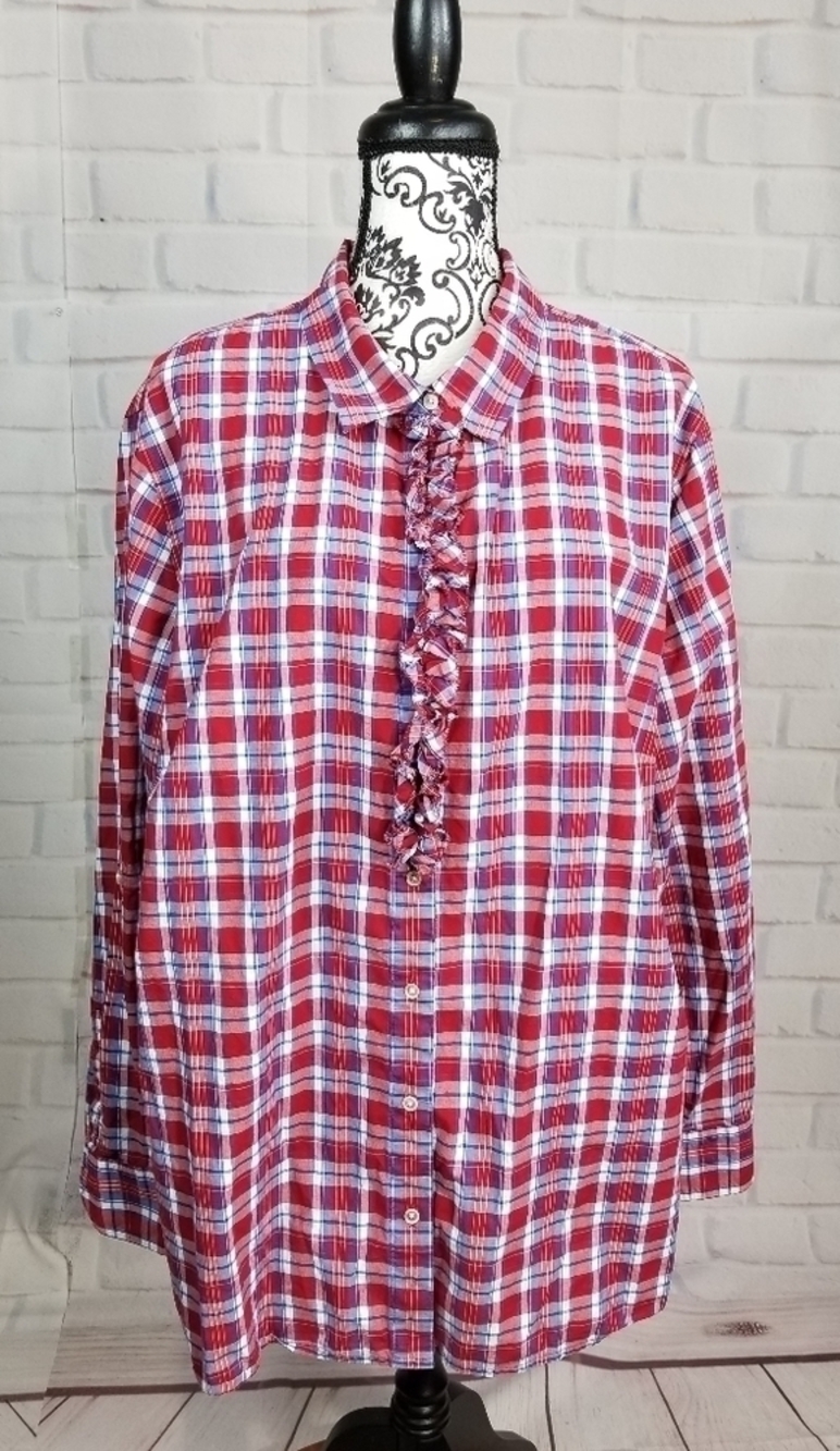 Talbots plaid print button front long sleeve top